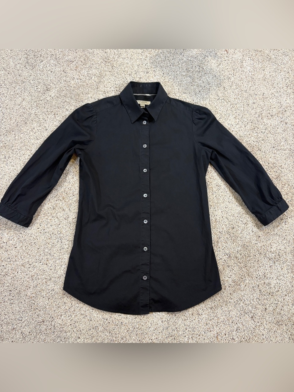 Classic Burberry Black Three-Quarter Sleeve Button-Down Shirt Preppy